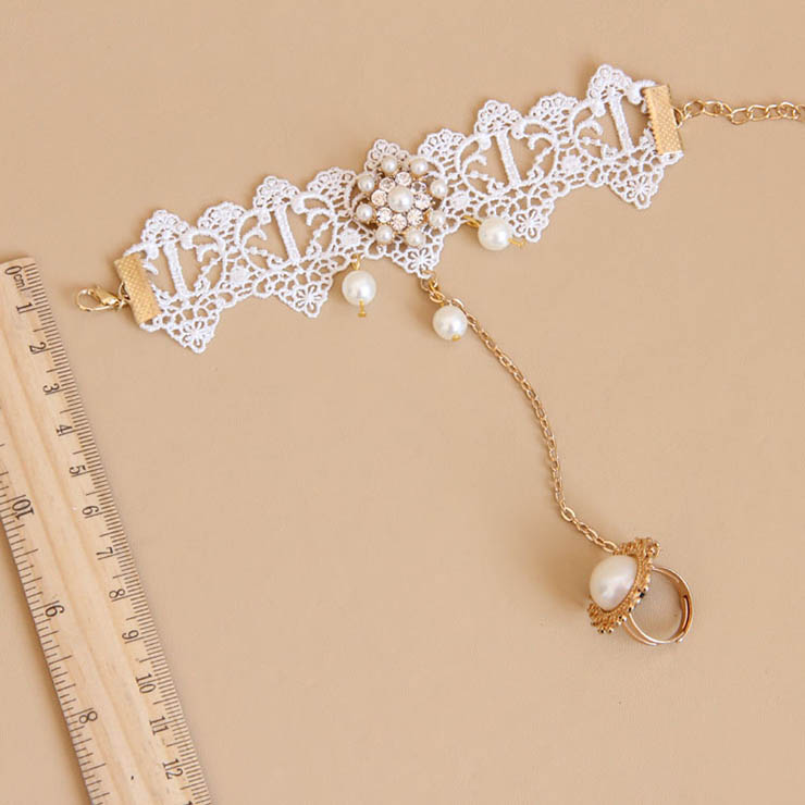 Victorian Vintage Style Bracelet, Vintage Bracelet for Women, Vintage Style White Lace Bracelet, Cheap Pearl Wristband, Victorian Bride Pearl Bracelet, Fashion Bride Bracelet with Ring, #J17843