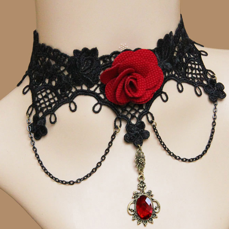 Punk Gothic Victorian Wedding Party Pendant Black Lace Choker Necklace J12013