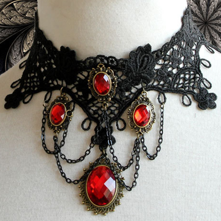 Vintage Gothic Victorian Lace Red Gem Choker Necklace J12037
