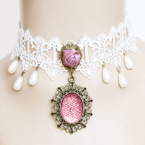 Victorian White Lace Tassel Pendant Pearl Wedding Party Princess Choker Necklace J12062