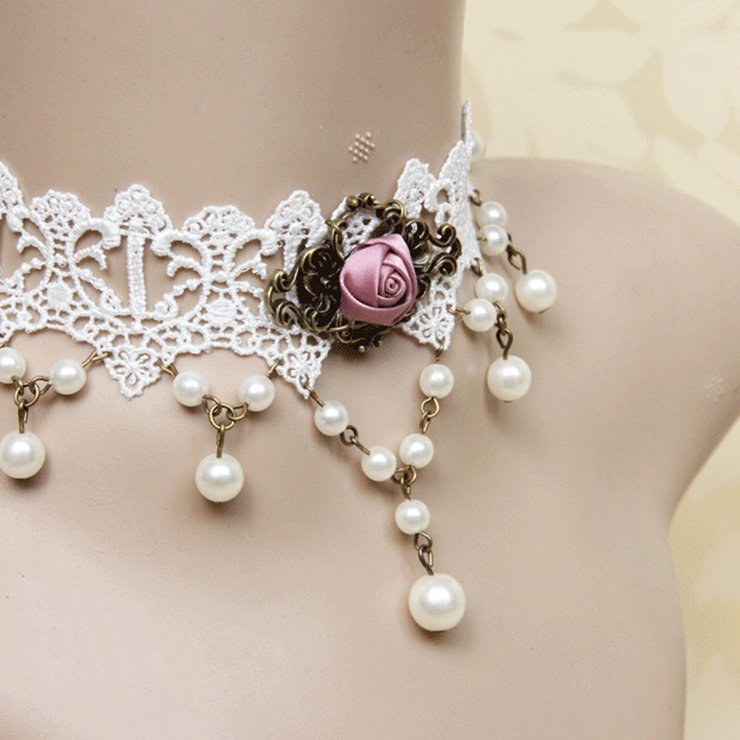Vintage Style Necklace, New Gothic Necklace, Beaded Necklace, White Lace Necklace, Cheap Punk Chocker, Victorian Necklace, #J12108