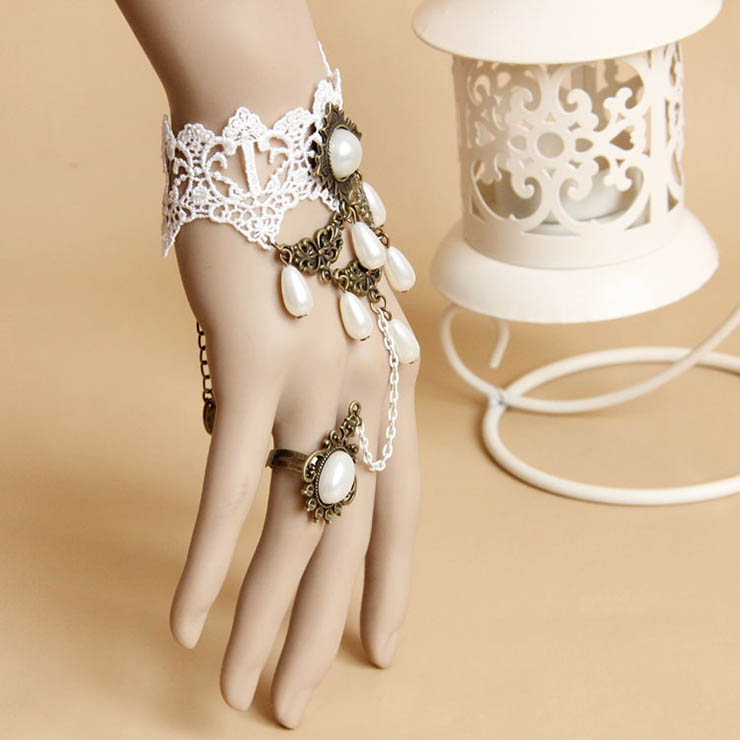 Victorian Vintage Style Bracelet, Vintage Bracelet for Women, Vintage Style White Embroidery Bracelet, Cheap Pearl Wristband, Victorian Bride Pearl Bracelet, Fashion Bride Bracelet with Ring, #J17872