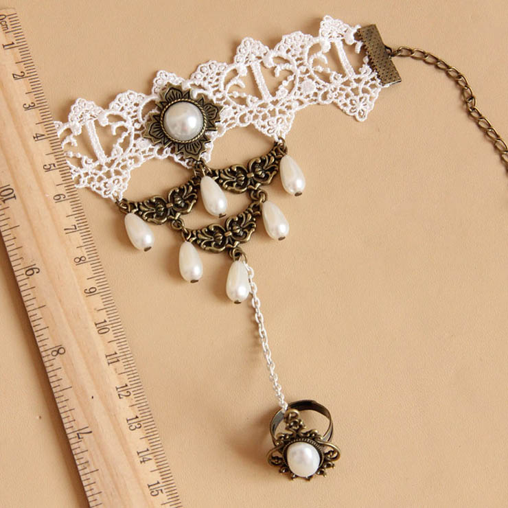Victorian Vintage Style Bracelet, Vintage Bracelet for Women, Vintage Style White Embroidery Bracelet, Cheap Pearl Wristband, Victorian Bride Pearl Bracelet, Fashion Bride Bracelet with Ring, #J17872