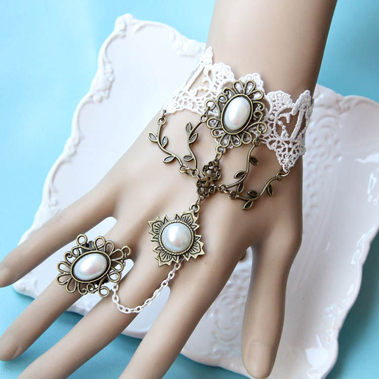 Victorian Vintage Style Bracelet, Vintage Bracelet for Women, Vintage Style White Embroidery Bracelet, Cheap Pearl Wristband, Victorian Bride Pearl Bracelet, Fashion Bride Bracelet with Ring, #J17873