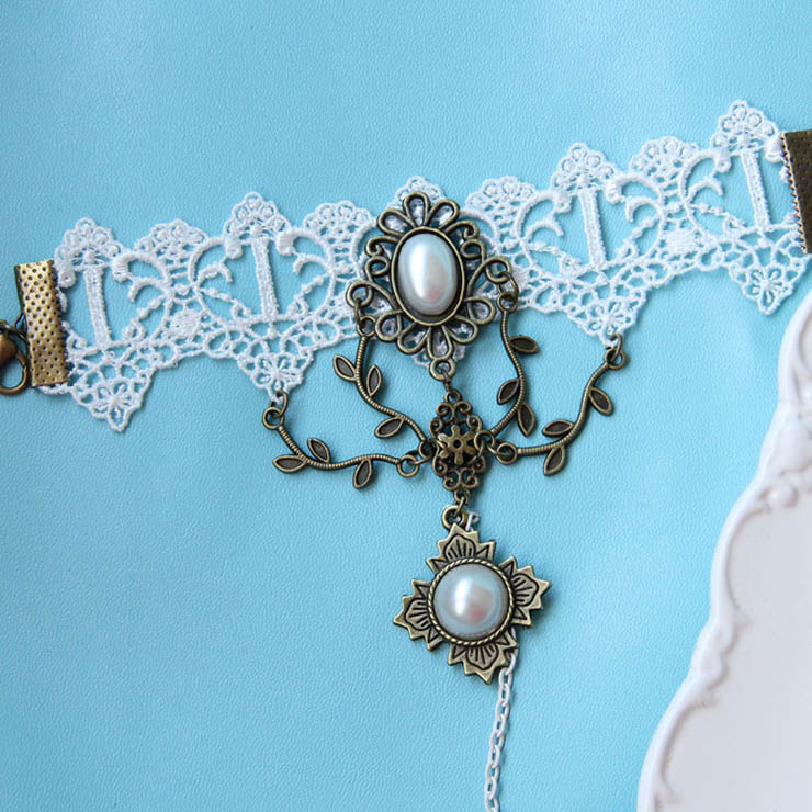 Victorian Vintage Style Bracelet, Vintage Bracelet for Women, Vintage Style White Embroidery Bracelet, Cheap Pearl Wristband, Victorian Bride Pearl Bracelet, Fashion Bride Bracelet with Ring, #J17873