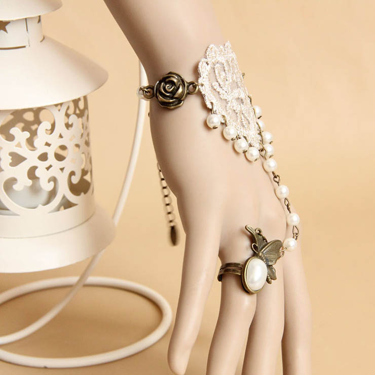 Victorian Vintage Style Bracelet, Vintage Bracelet for Women, Vintage Style Beige Embroidery Bracelet, Cheap Pearl Wristband, Victorian Bride Pearl Bracelet, Fashion Bride Bracelet with Ring, #J17913