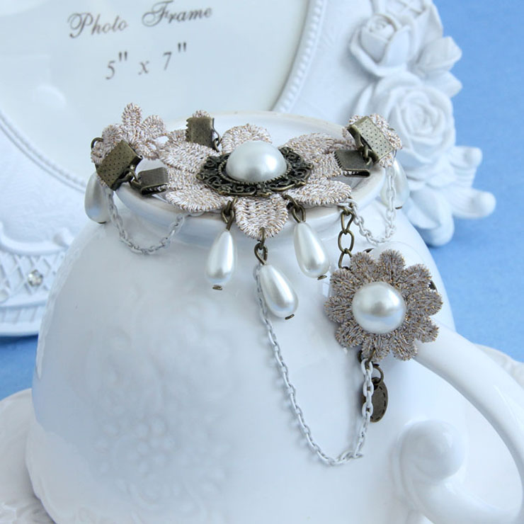Victorian Vintage Style Bracelet, Vintage Bracelet for Women, Vintage Style Beige Embroidery Bracelet, Cheap Wristband, Victorian Style Bead Bracelet, Fashion Embroidery Bracelet with Ring, #J17999