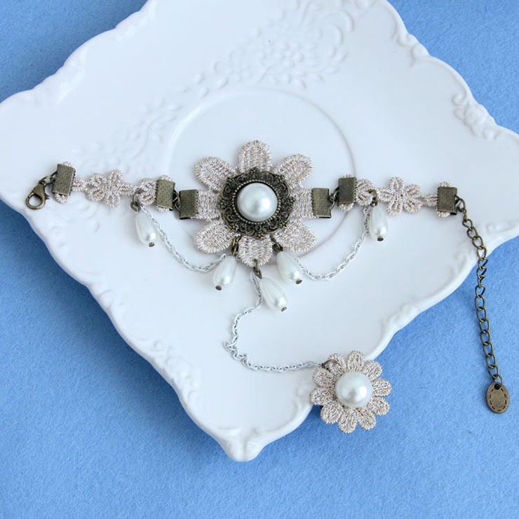 Victorian Vintage Style Bracelet, Vintage Bracelet for Women, Vintage Style Beige Embroidery Bracelet, Cheap Wristband, Victorian Style Bead Bracelet, Fashion Embroidery Bracelet with Ring, #J17999