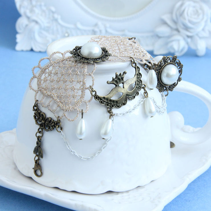 Victorian Vintage Style Bracelet, Vintage Bracelet for Women, Vintage Style Beige Embroidery Bracelet, Cheap Wristband, Victorian Style Bead Bracelet, Fashion Embroidery Bracelet with Ring, #J18000