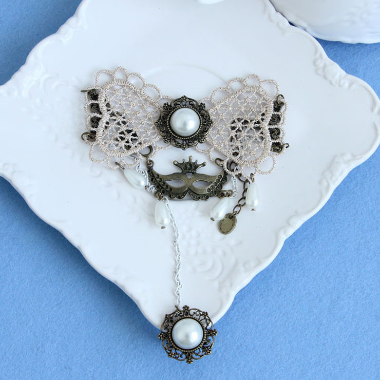 Victorian Vintage Style Bracelet, Vintage Bracelet for Women, Vintage Style Beige Embroidery Bracelet, Cheap Wristband, Victorian Style Bead Bracelet, Fashion Embroidery Bracelet with Ring, #J18000