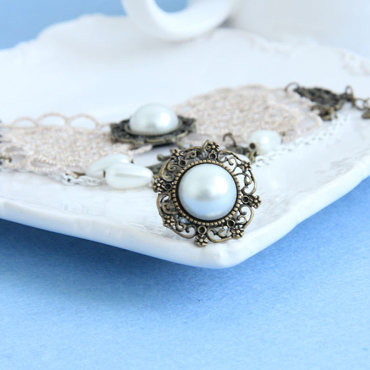 Victorian Vintage Style Bracelet, Vintage Bracelet for Women, Vintage Style Beige Embroidery Bracelet, Cheap Wristband, Victorian Style Bead Bracelet, Fashion Embroidery Bracelet with Ring, #J18000