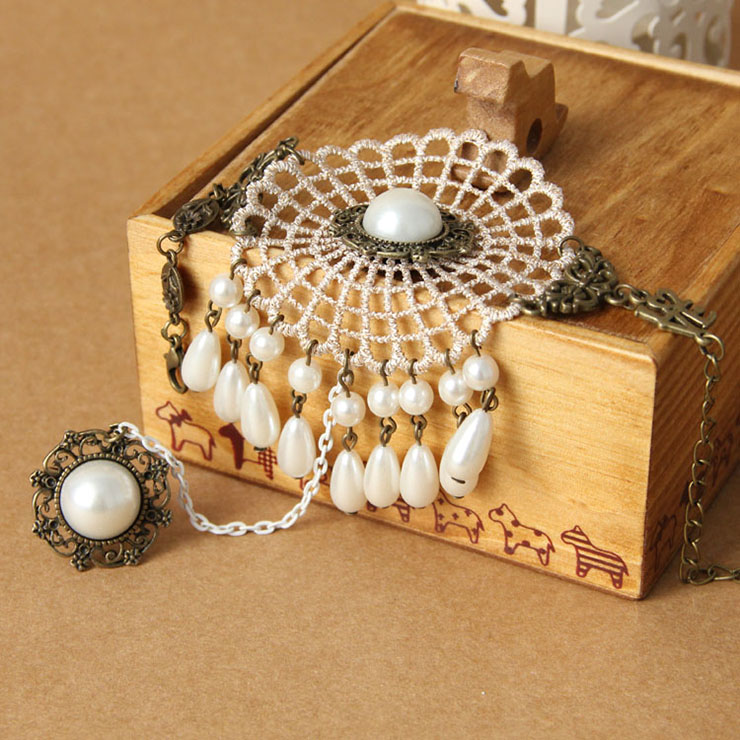 Victorian Vintage Style Bracelet, Vintage Bracelet for Women, Vintage Style Beige Embroidery Bracelet, Cheap Wristband, Victorian Style Gem Bracelet, Fashion Pearl Bracelet with Ring, #J18004