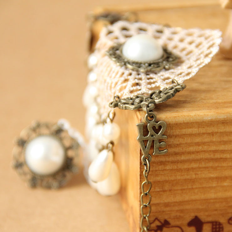 Victorian Vintage Style Bracelet, Vintage Bracelet for Women, Vintage Style Beige Embroidery Bracelet, Cheap Wristband, Victorian Style Gem Bracelet, Fashion Pearl Bracelet with Ring, #J18004