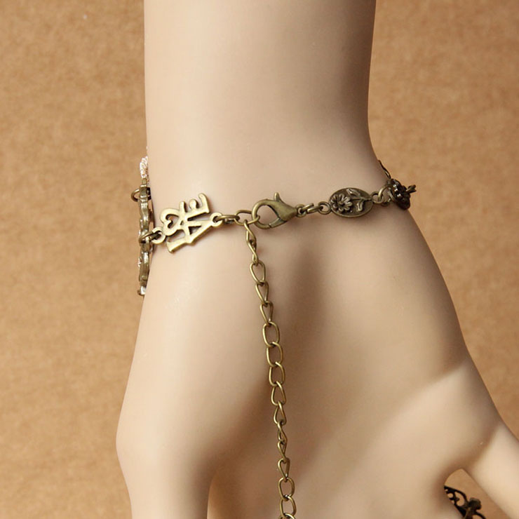 Victorian Vintage Style Bracelet, Vintage Bracelet for Women, Vintage Style Beige Embroidery Bracelet, Cheap Wristband, Victorian Style Gem Bracelet, Fashion Pearl Bracelet with Ring, #J18004