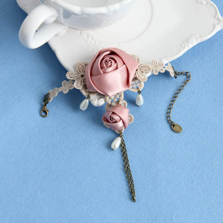 Victorian Vintage Style Bracelet, Vintage Bracelet for Women, Vintage Style Beige Embroidery Bracelet, Cheap Wristband, Victorian Style Rose Bracelet, Fashion Bride Bracelet with Ring, #J17919