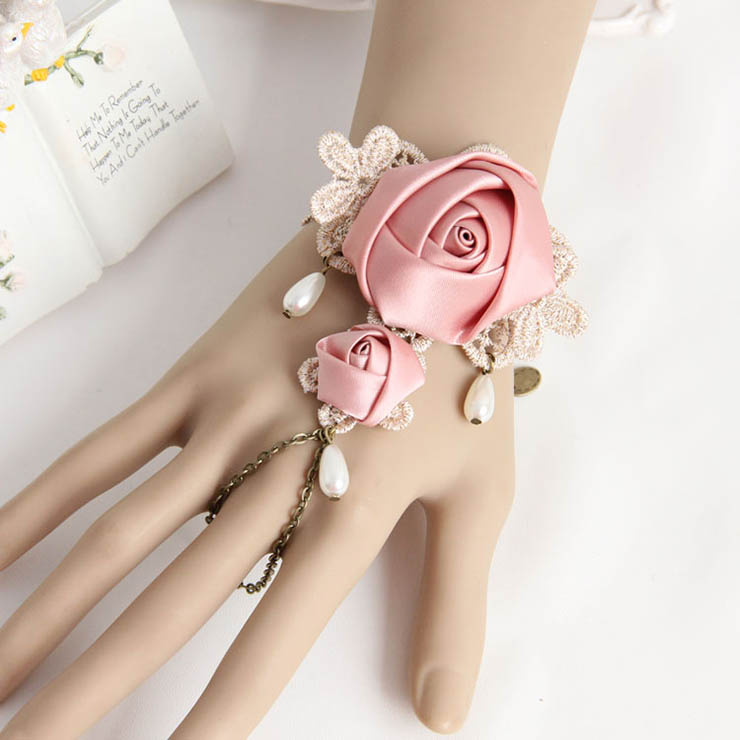 Victorian Vintage Style Bracelet, Vintage Bracelet for Women, Vintage Style Beige Embroidery Bracelet, Cheap Wristband, Victorian Style Rose Bracelet, Fashion Bride Bracelet with Ring, #J17919