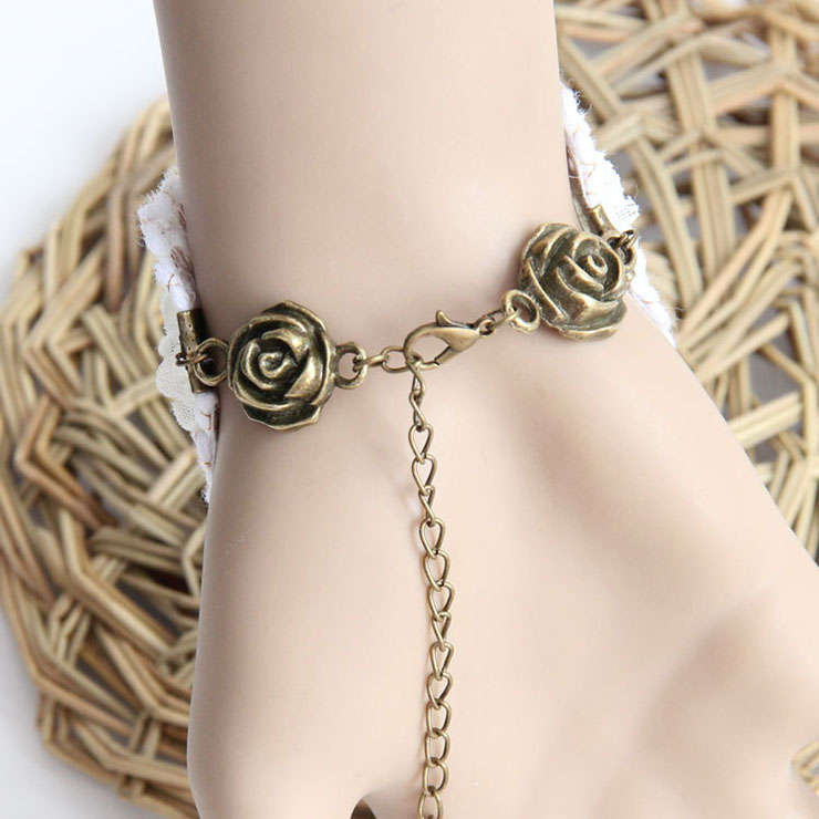 Victorian Vintage Style Bracelet, Vintage Bracelet for Women, Vintage Style Beige Embroidery Bracelet, Cheap Wristband, Victorian Style Pearl Bracelet, Fashion Embroidery Bracelet with Ring, #J17921