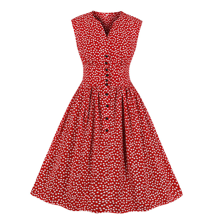 Vintage V Neck Sleeveless Front Button Small White Flowers High Waist Summer Midi Dress N20439