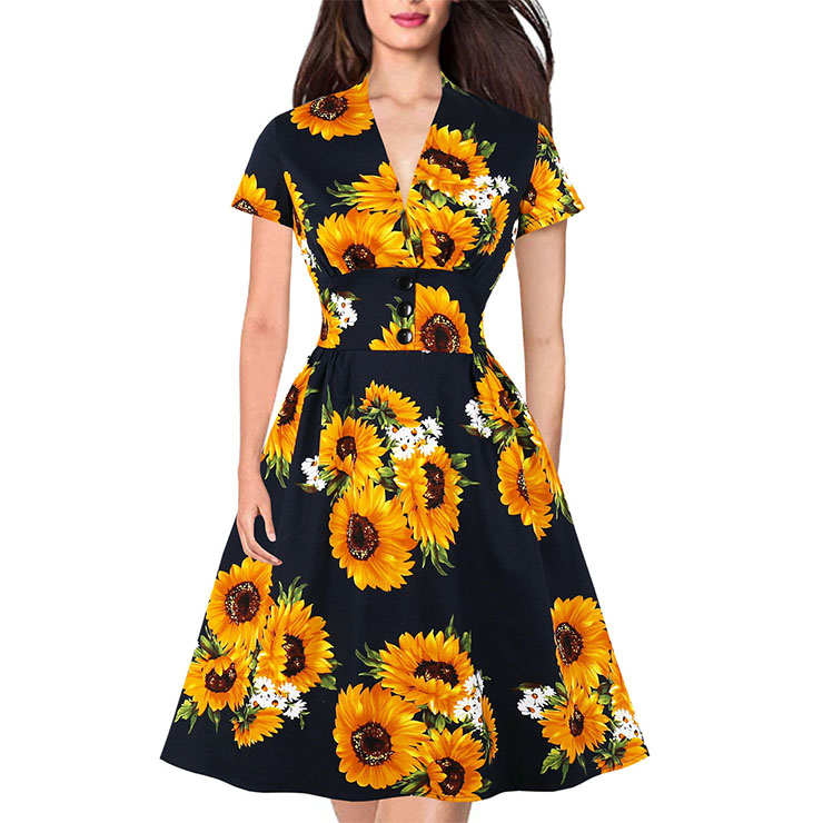 Vintage Sunflower Pattern Deep V-neck Short Sleeve Slim Waist A-Line Swing Dress N19978