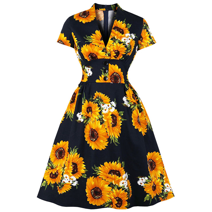 Short Sleeve Dress, Vintage Dress for Women, Fashion Dresses for Women Cocktail Party,Casual Swing Dress, Deep V-neck Swing Dress, 50s Vintage Dresses, Sunflower Pattern Dress,#N19978