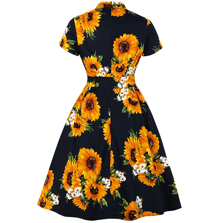 Short Sleeve Dress, Vintage Dress for Women, Fashion Dresses for Women Cocktail Party,Casual Swing Dress, Deep V-neck Swing Dress, 50s Vintage Dresses, Sunflower Pattern Dress,#N19978
