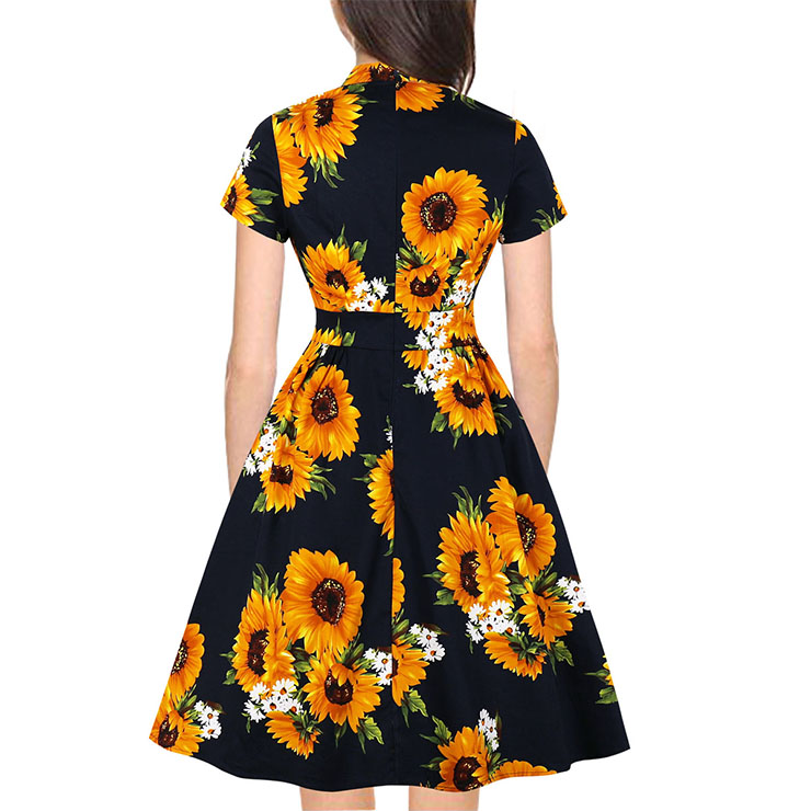 Short Sleeve Dress, Vintage Dress for Women, Fashion Dresses for Women Cocktail Party,Casual Swing Dress, Deep V-neck Swing Dress, 50s Vintage Dresses, Sunflower Pattern Dress,#N19978