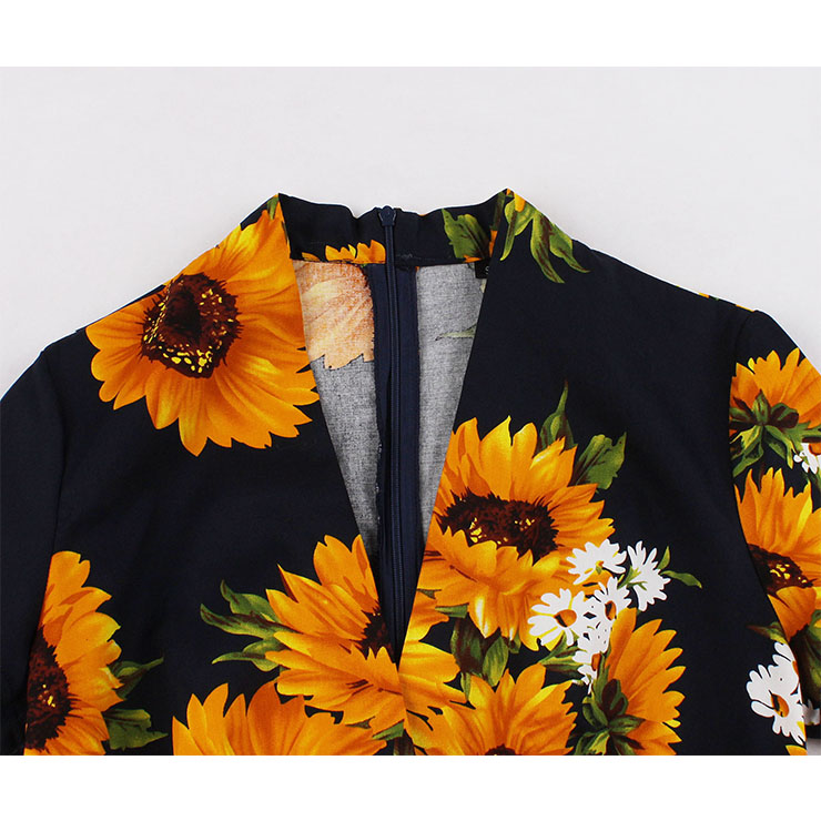 Short Sleeve Dress, Vintage Dress for Women, Fashion Dresses for Women Cocktail Party,Casual Swing Dress, Deep V-neck Swing Dress, 50s Vintage Dresses, Sunflower Pattern Dress,#N19978