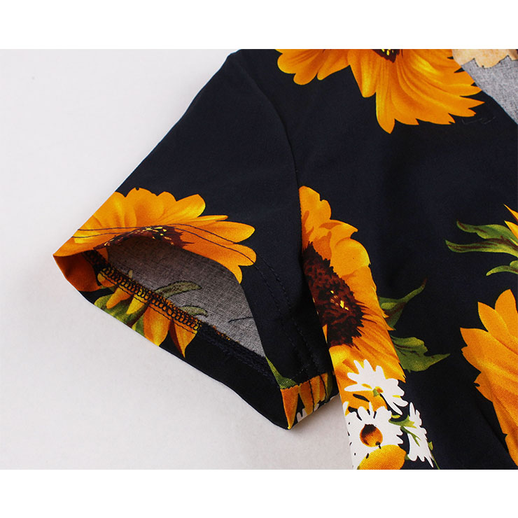Short Sleeve Dress, Vintage Dress for Women, Fashion Dresses for Women Cocktail Party,Casual Swing Dress, Deep V-neck Swing Dress, 50s Vintage Dresses, Sunflower Pattern Dress,#N19978