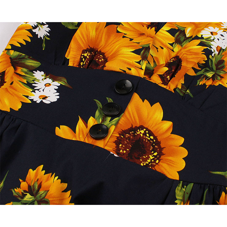 Short Sleeve Dress, Vintage Dress for Women, Fashion Dresses for Women Cocktail Party,Casual Swing Dress, Deep V-neck Swing Dress, 50s Vintage Dresses, Sunflower Pattern Dress,#N19978