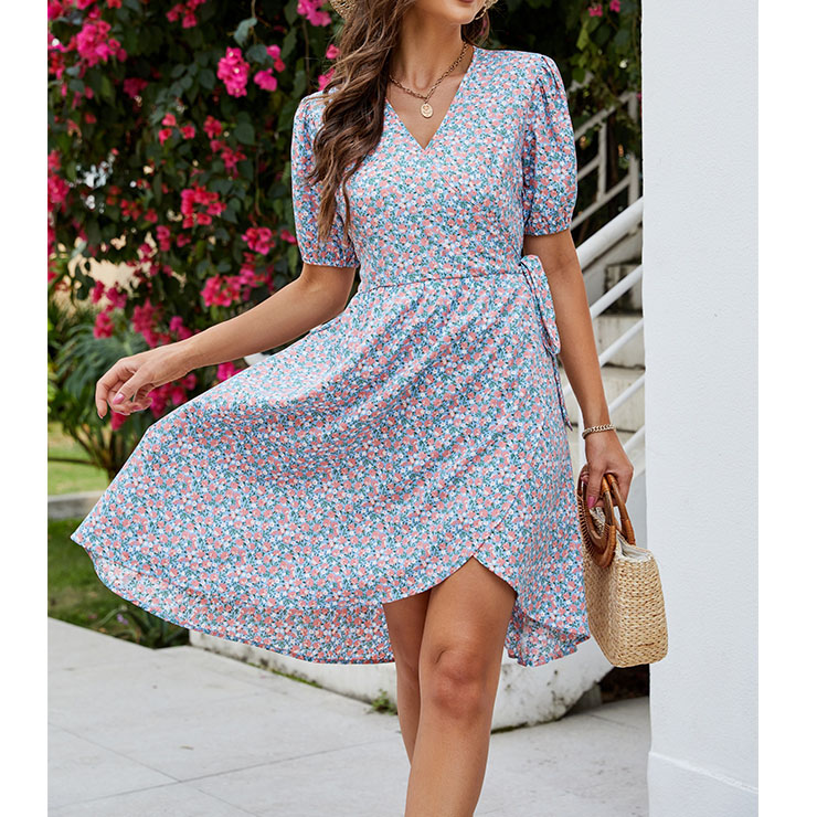 Vintage Floral Print Surplice Neckline Short Sleeve Sash Summer Cocktail Side Split Dress N22114