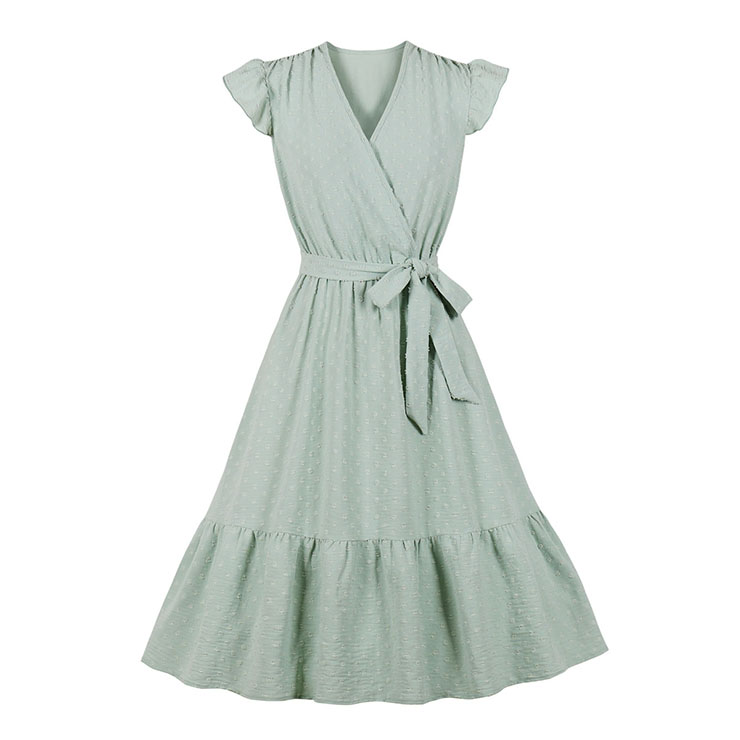 Fashion Surplice Neckline Flutter Sleeve Sash High Waist Ruffle Hem Daily Swing Dress N21859