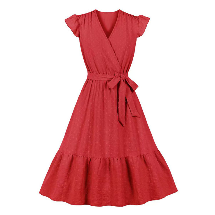 Fashion Surplice Neckline Flutter Sleeve Sash High Waist Ruffle Hem Daily Swing Dress N22058