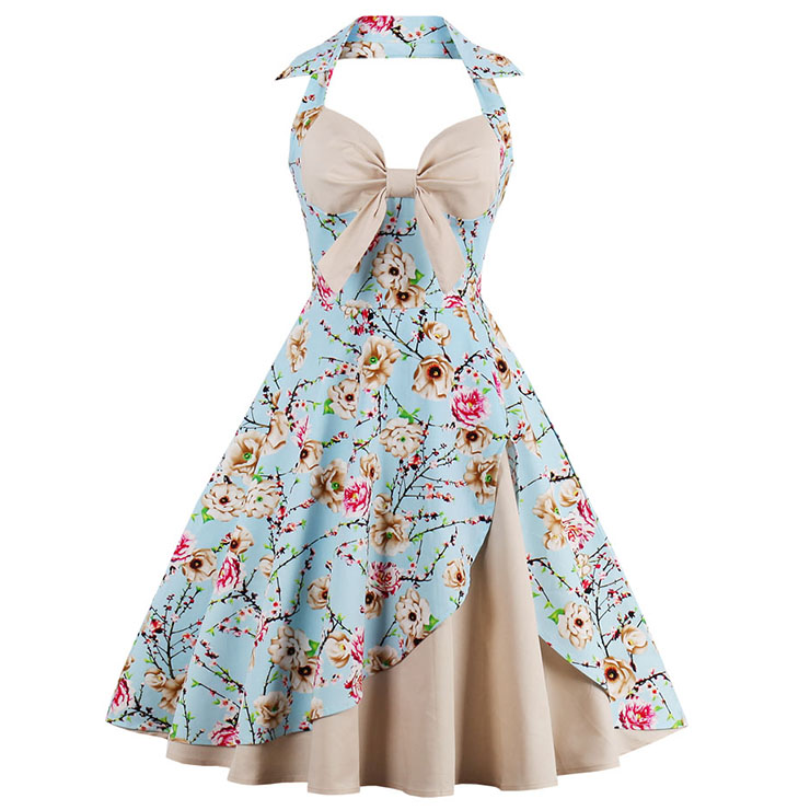Vintage Sweetheart Floral Print Halter Cocktail Party Bridesmaid Dress N12753