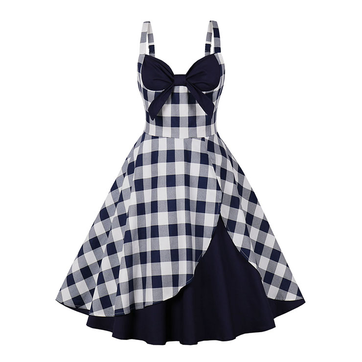 1950s Vintage Checkered Sweetheart and Bowknot Bodice Straps Summer Party Swing Dress N22249