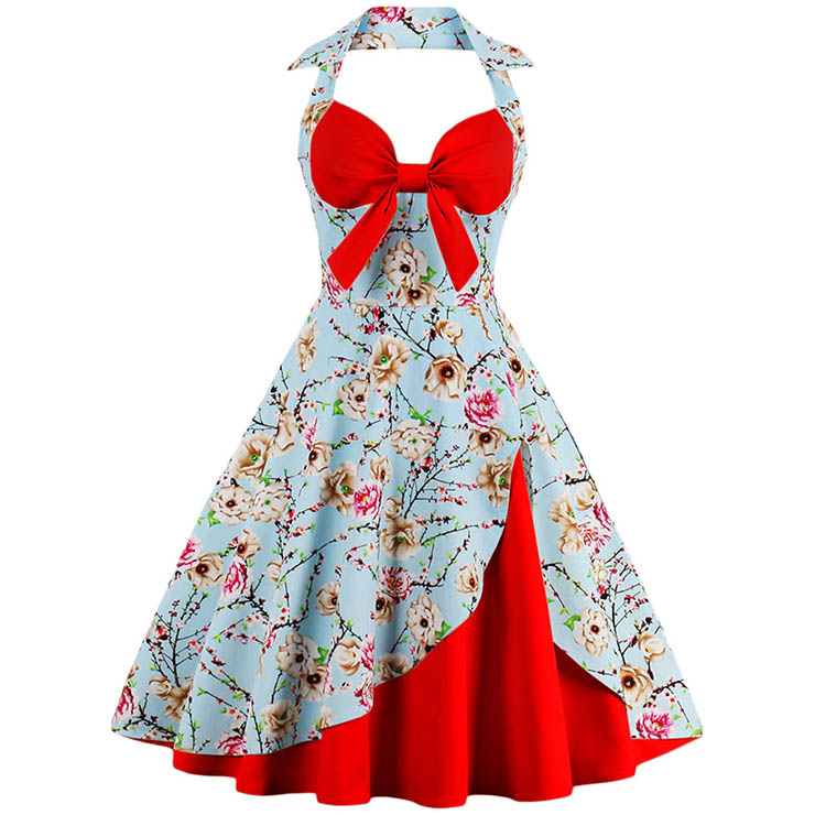Vintage Sweetheart Floral Print Halter Cocktail Party Dress N12792