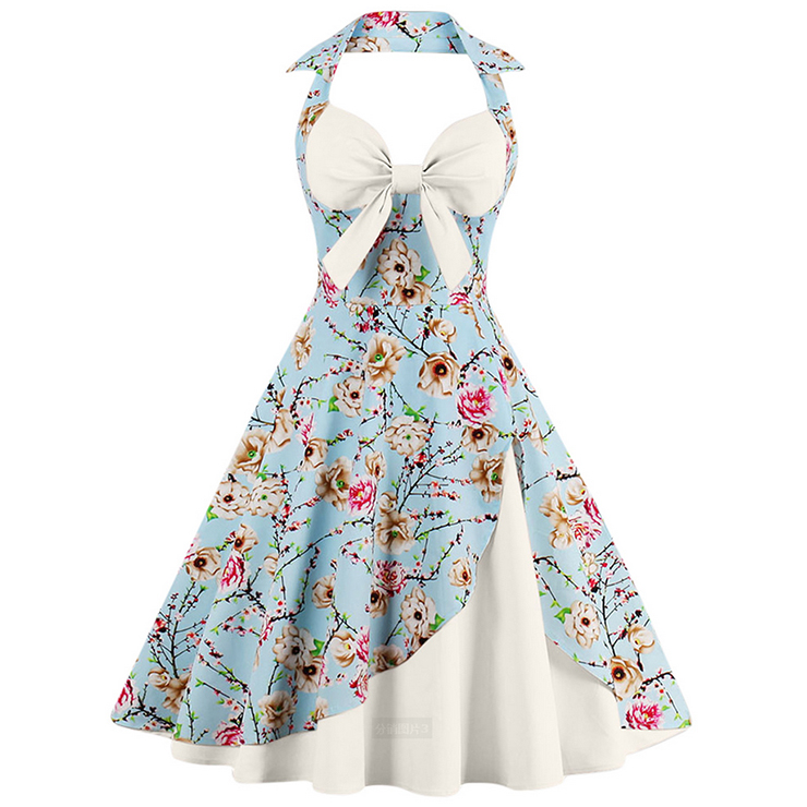 Vintage Sweetheart Floral Print Halter Cocktail Party Dress N12794