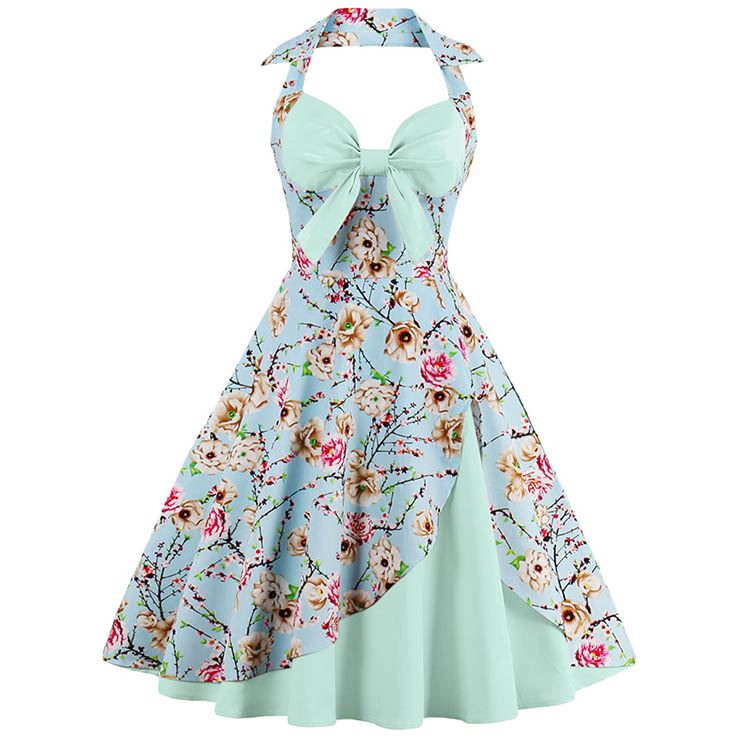 Vintage Sweetheart Floral Print Halter Cocktail Party Dress N12795