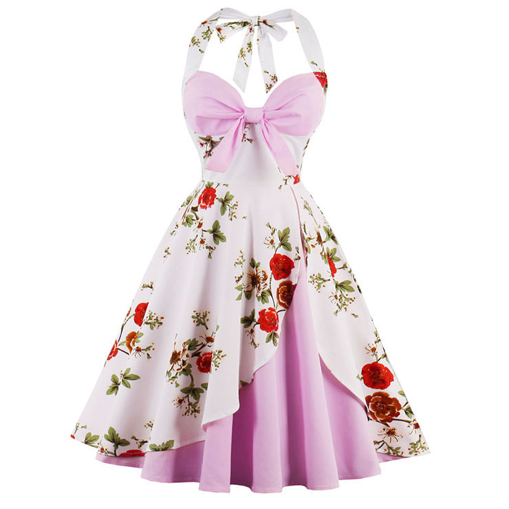 1950's Vintage Pink Sweetheart Floral Print Halter Cocktail Swing Dress N14927
