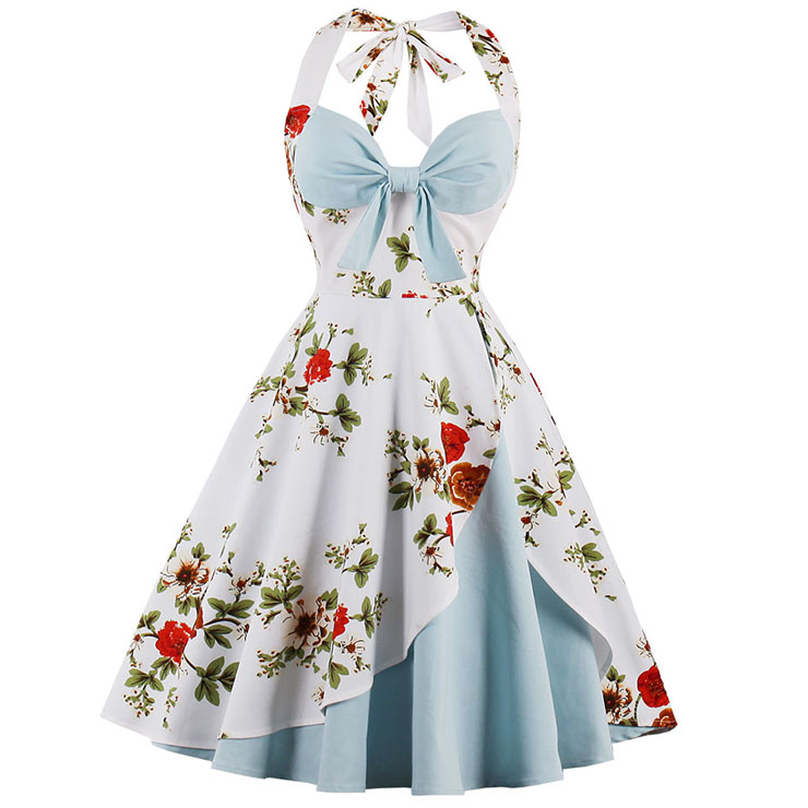 1950's Vintage Blue Sweetheart Floral Print Halter Cocktail Swing Dress N14928