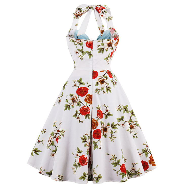 1950's Vintage Blue Sweetheart Floral Print Halter Cocktail Swing Dress ...