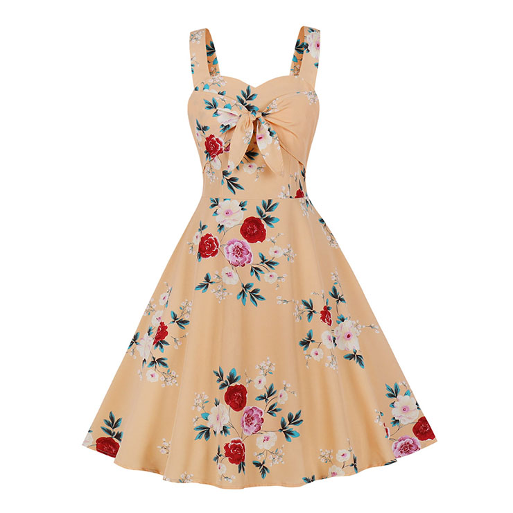 1950s Retro Sweetheart and Bowknot Bodice Floral Print Straps Summer Swing Dress N22072