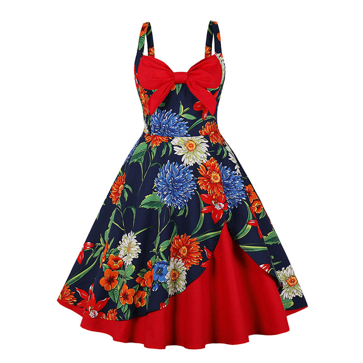 1950s Retro Sweetheart and Bowknot Bodice Floral Print Straps Cocktail Party Swing Dress N22244