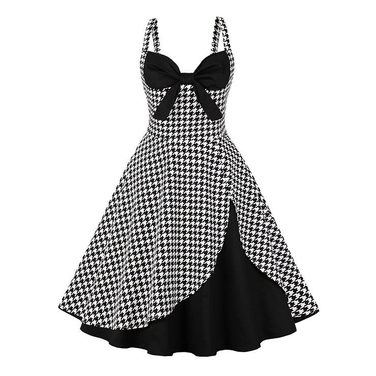 1950s Vintage Houndstooth Sweetheart and Bowknot Bodice Straps Summer Party Swing Dress N22250