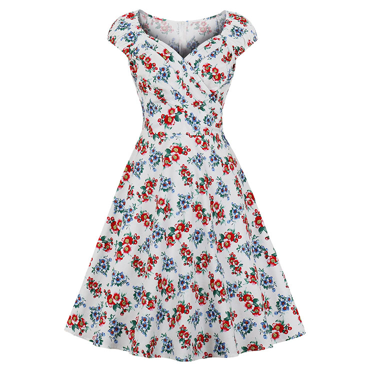 Vintage Floral Print Sweetheart Neckline Cap Sleeves High Waist A line Cocktail Dress N21339