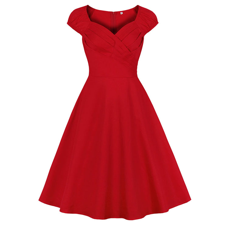 Vintage Red Sweetheart Neckline Cap Sleeves High Waist Cocktail Party Swing Dress N21341