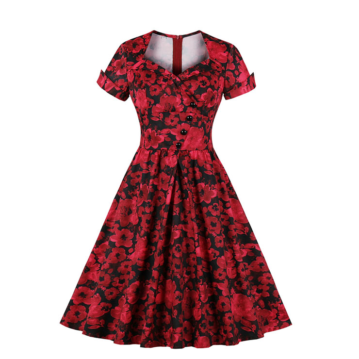 Vintage Red Floral Print Sweetheart Neckline Short Sleeve High Waist A-line Midi Dress N19595