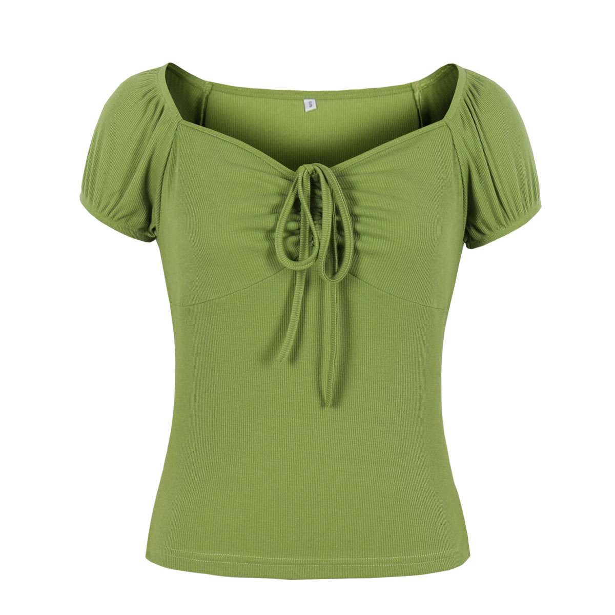 Vintage Green Sweetheart Neckline Lace-up Short Sleeve T-shirt Slim Crop Top N21343