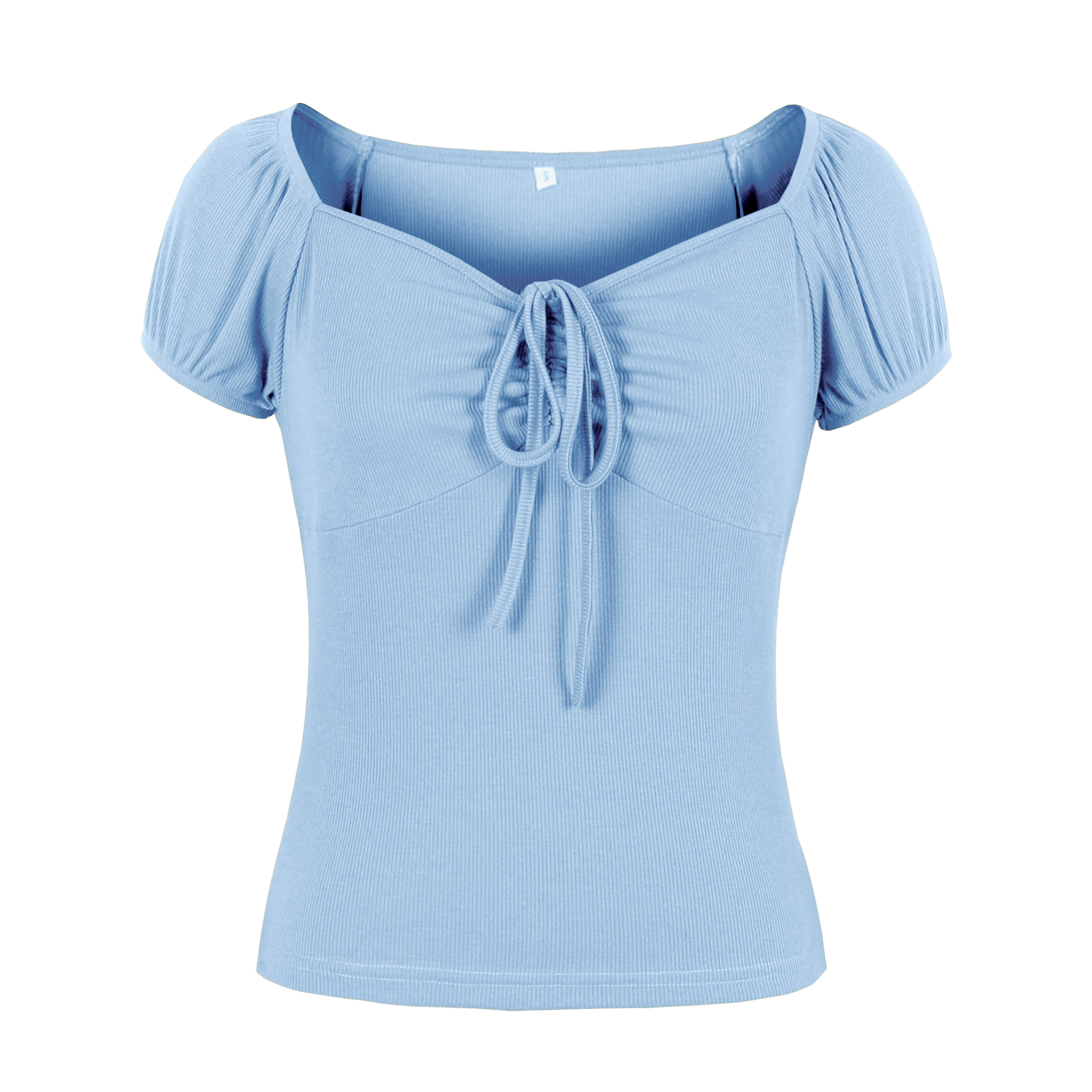 Vintage Light-blue Sweetheart Neckline Lace-up Short Sleeve T-shirt Slim Crop Top N21344