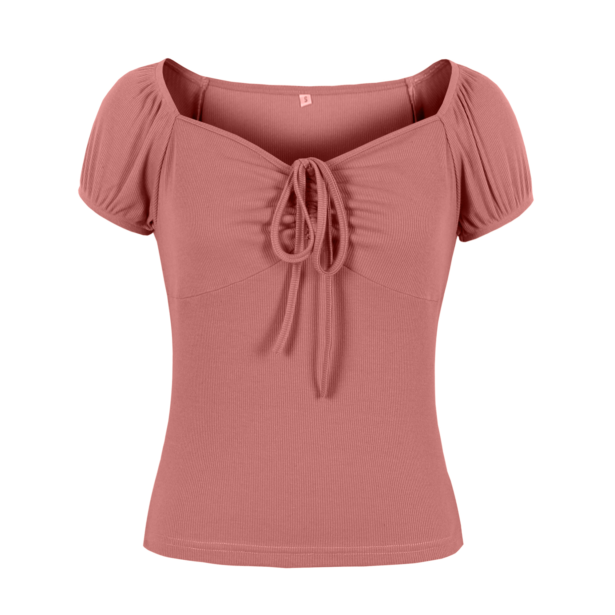 Vintage Pink Sweetheart Neckline Lace-up Short Sleeve T-shirt Slim Crop Top N21345