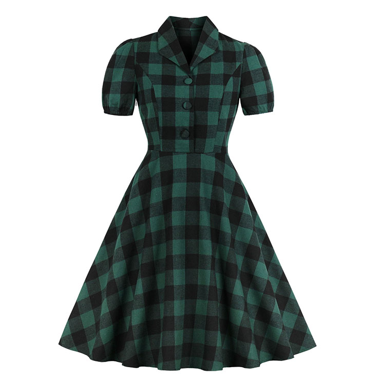Retro Tartan Lapel Short Sleeve Plaid High Waist A-line Midi Dress N18757